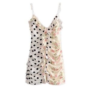Strangers & Lovers Ruched Pattern Blocked Mini Dress Floral Polka Dot SZ M